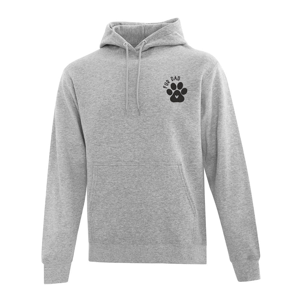 Gray hoodie with a paw print design and 'Fur Dad' text on a white background