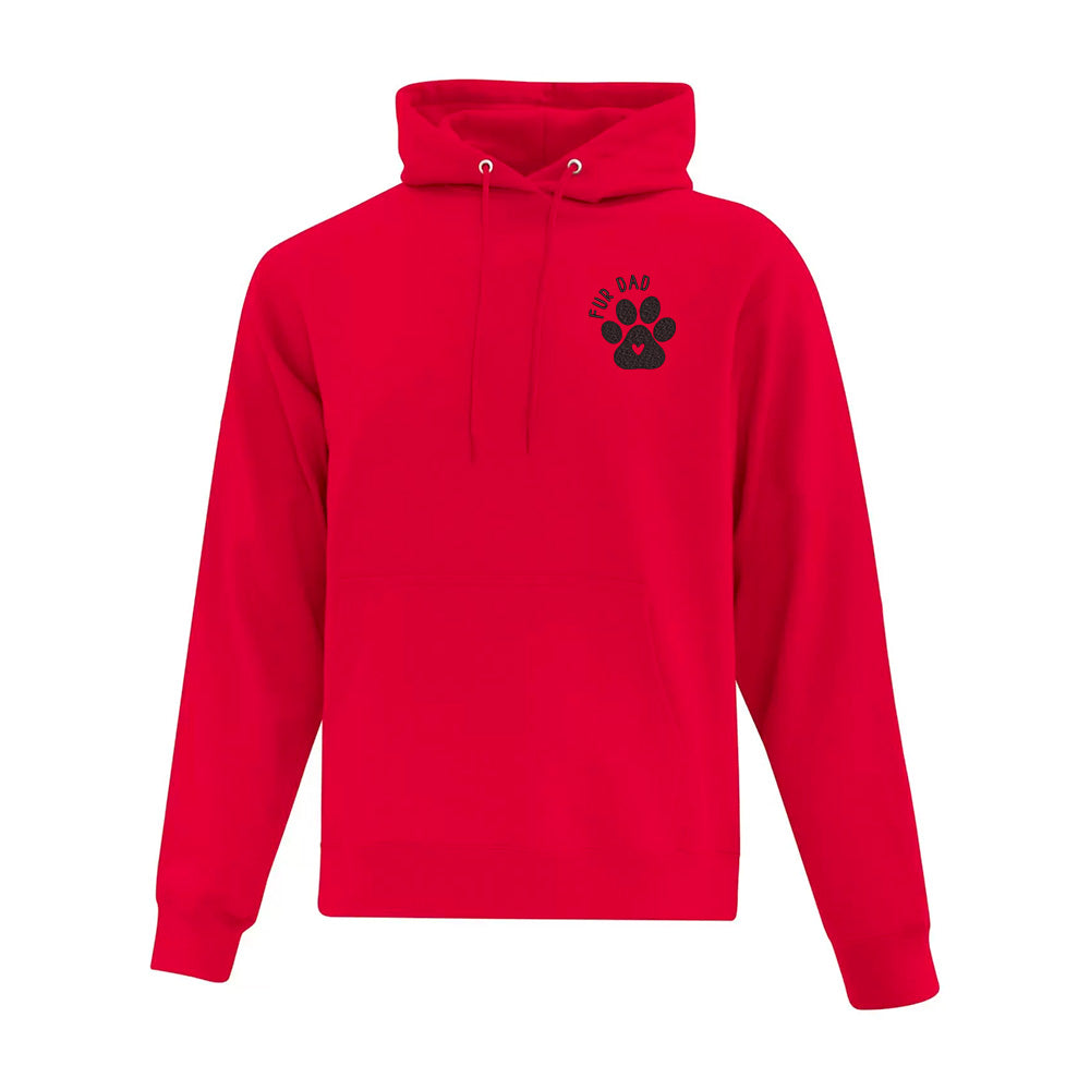 Red hoodie with a black paw print design on a white background