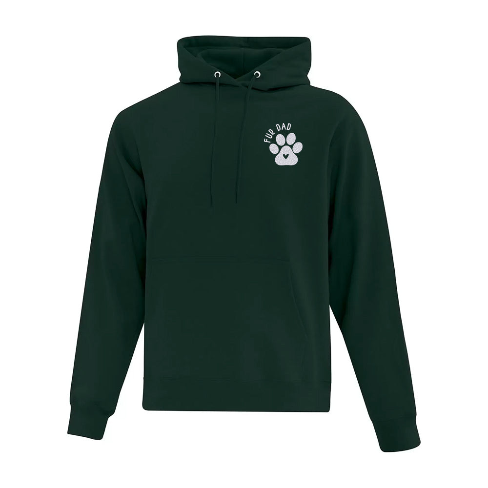 Dark green hoodie with a paw print and 'Fur Dad' text on a white background