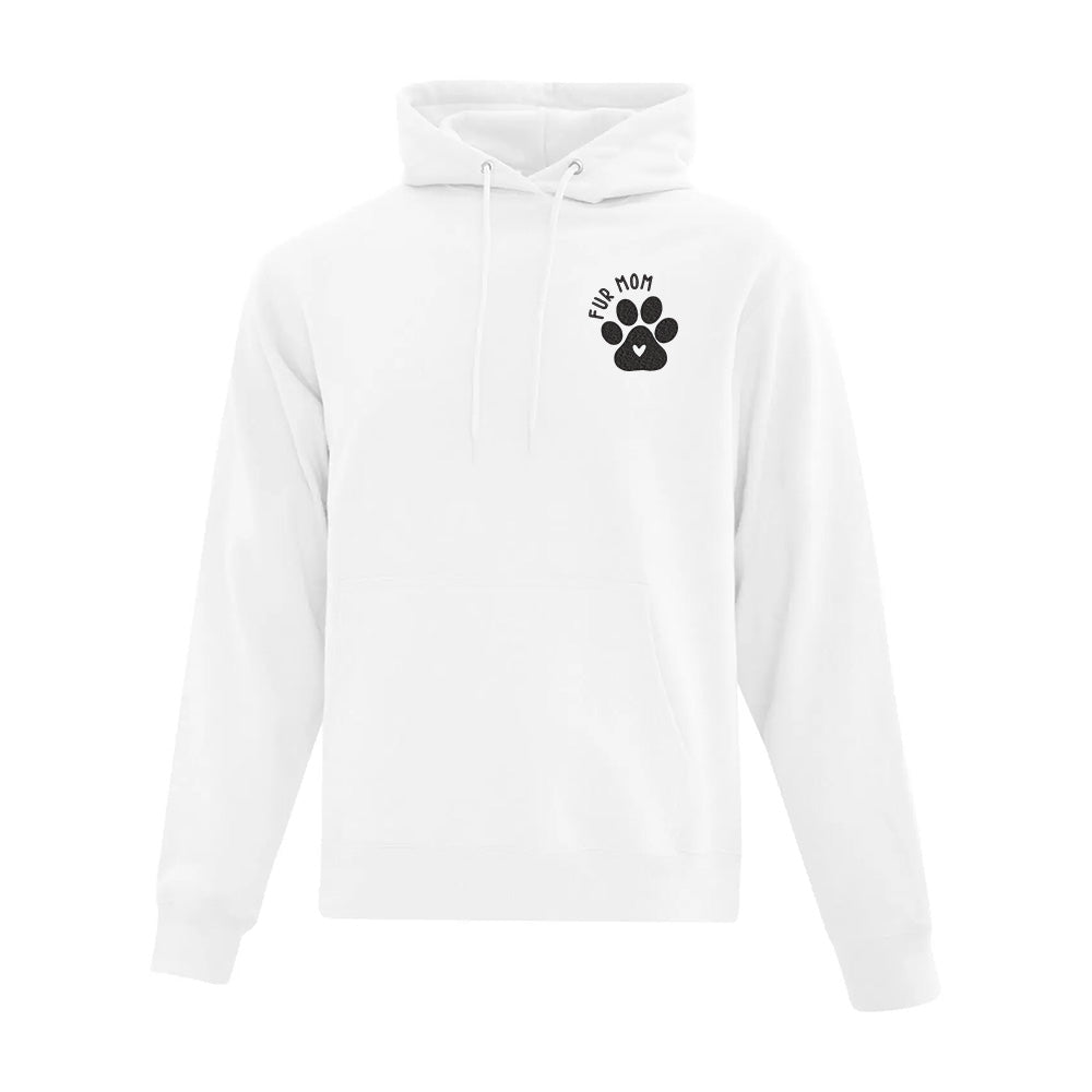 White hoodie with a black paw print design on a white background