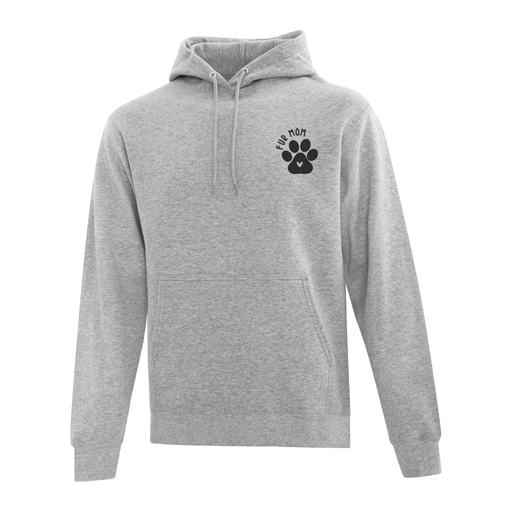 Gray hoodie with a paw print design and 'Fur Mom' text on a white background
