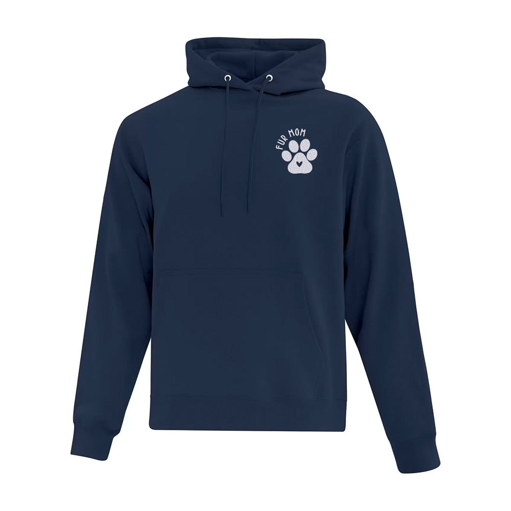Navy hoodie with a paw print and 'Fur Mom' text on a white background