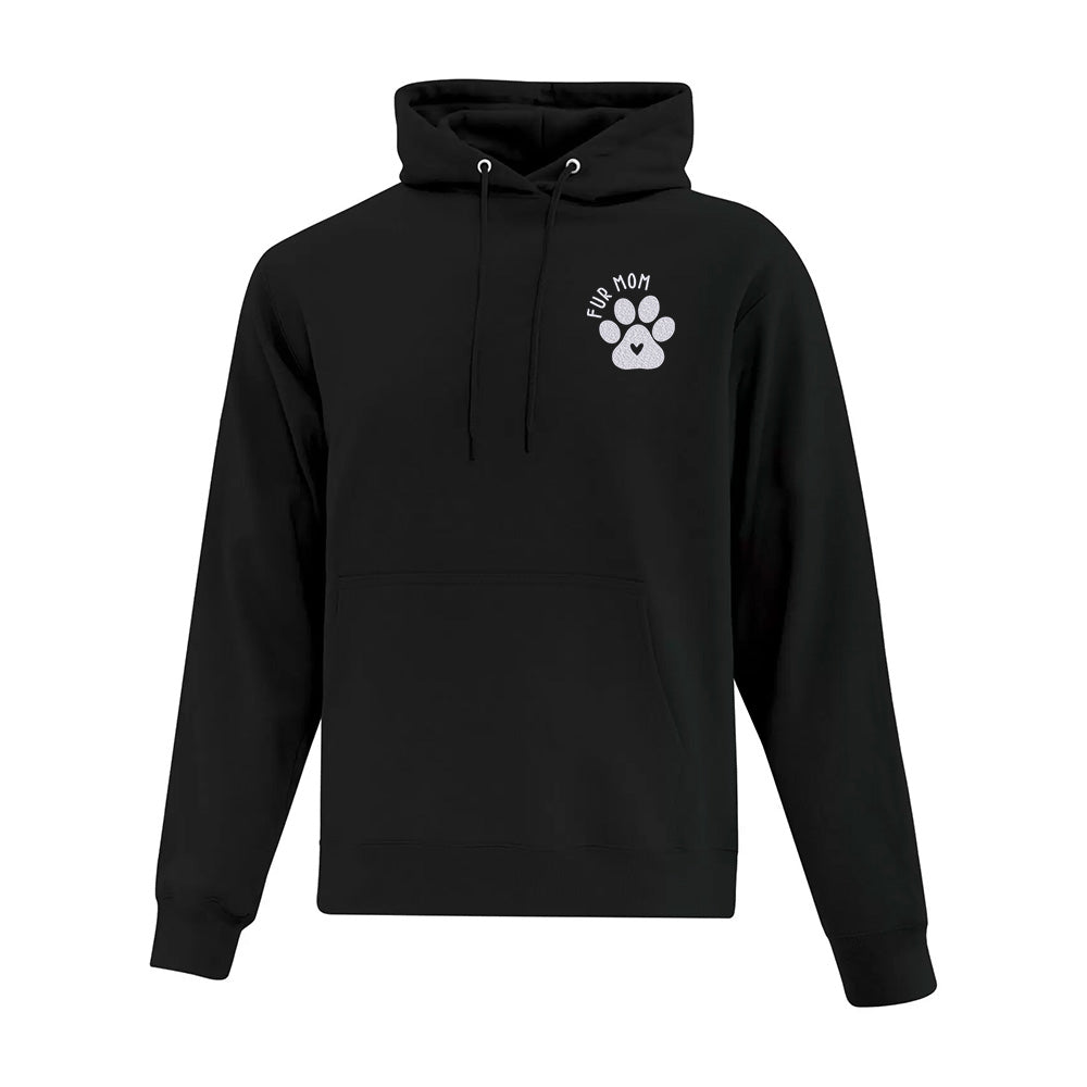 Black hoodie with a paw print and 'Fur Mom' text on a white background
