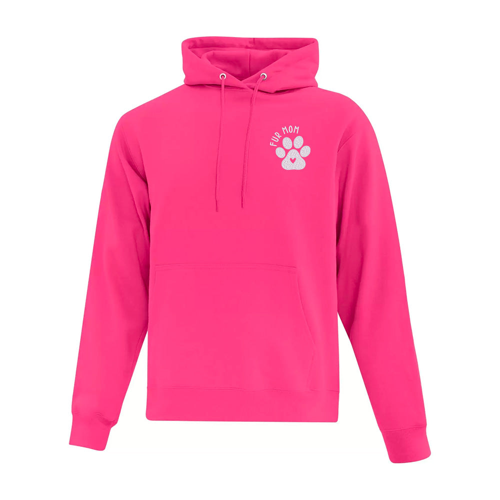 Pink hoodie with a paw print design on a white background