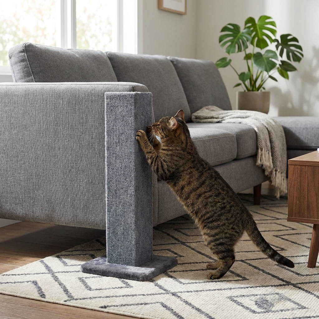 Cat scratching a post in a living room with a gray sofa and plant.