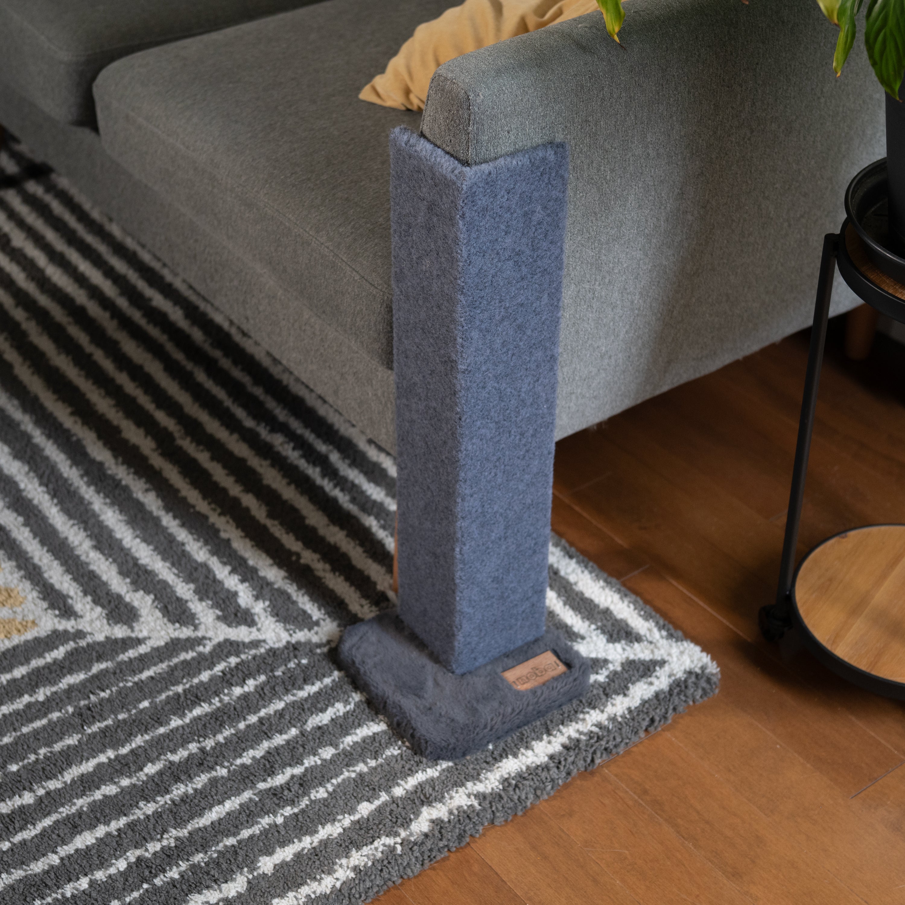 Cat scratching post against a gray sofa on a striped rug