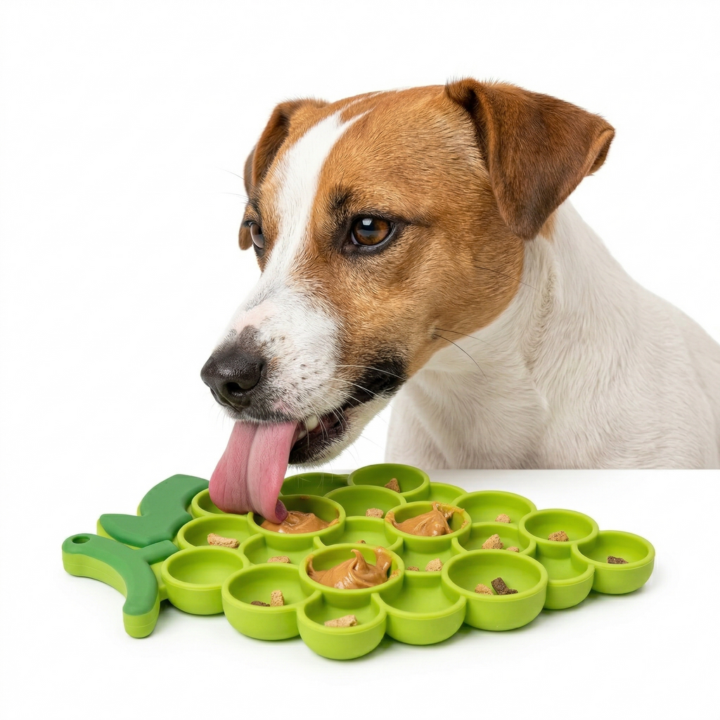 Dog interacting with a green pet lick mat on a white background