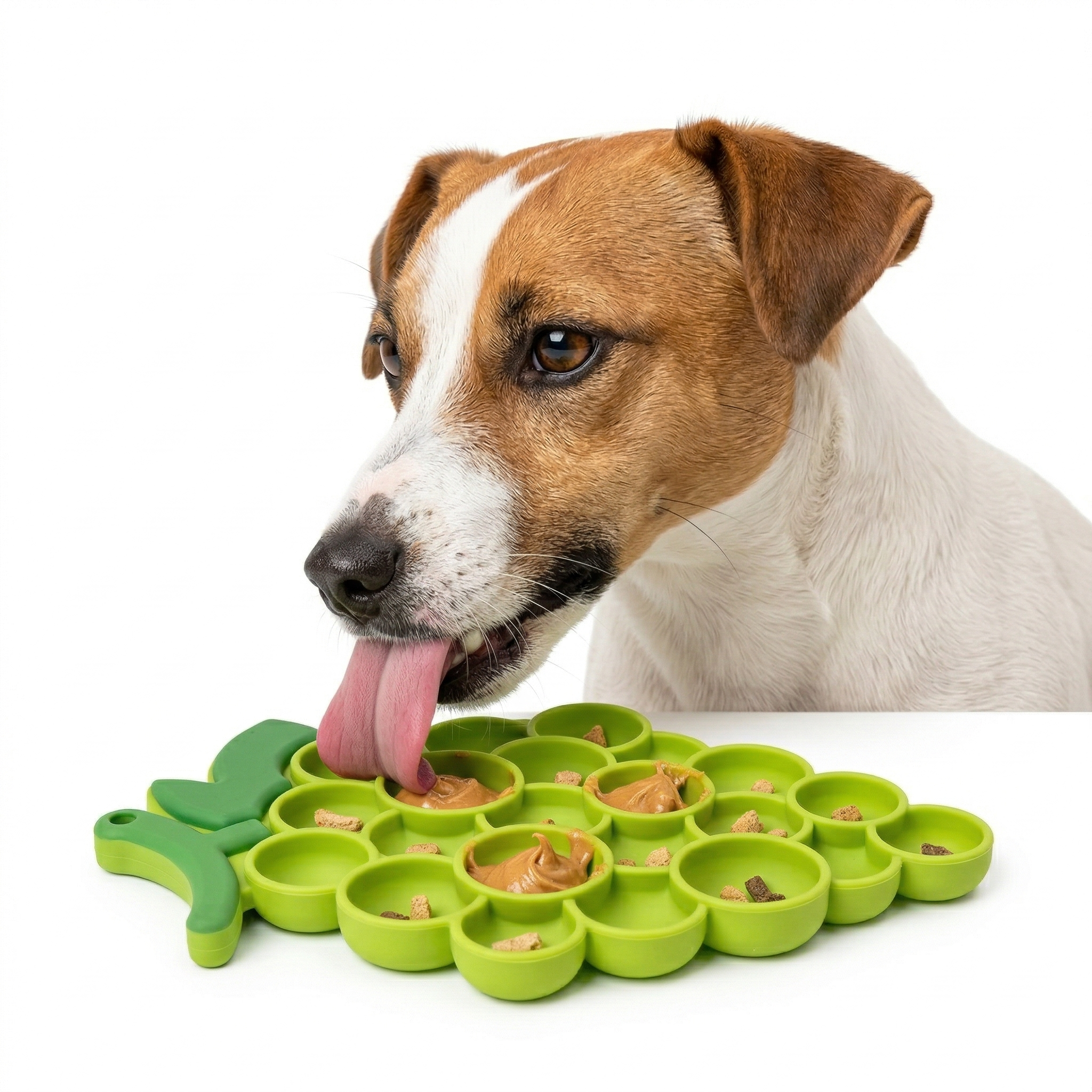 Dog interacting with a green pet lick mat on a white background