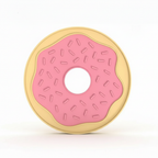 Donut-shaped pet lick mat with pink frosting and gold rim on a white background