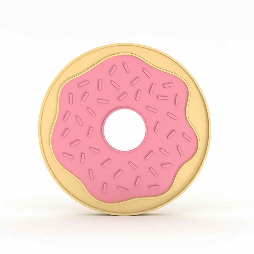 Donut-shaped pet lick mat with pink frosting and gold rim on a white background