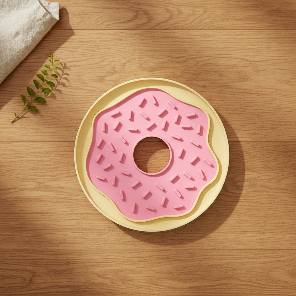 Pink donut-shaped pet lick mat on a wooden surface