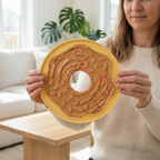 Person holding a round, donut-shaped lick mat with brown frosting and pink sprinkles in a living room.