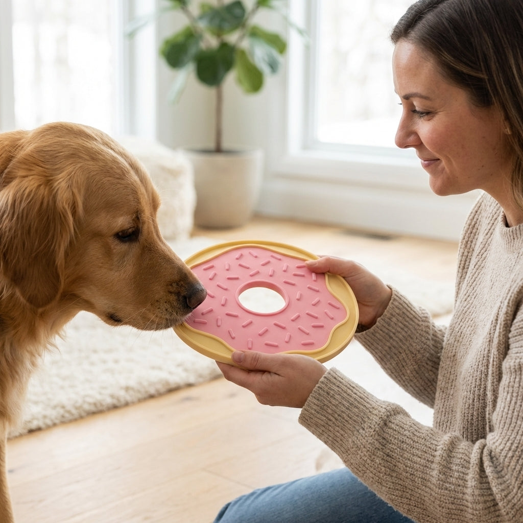 Woman and dog interacting with a pink and yellow pet lick mat indoors.
