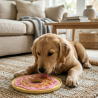 Dog playing with a pink and yellow donut-shaped lick mat on a carpeted floor.