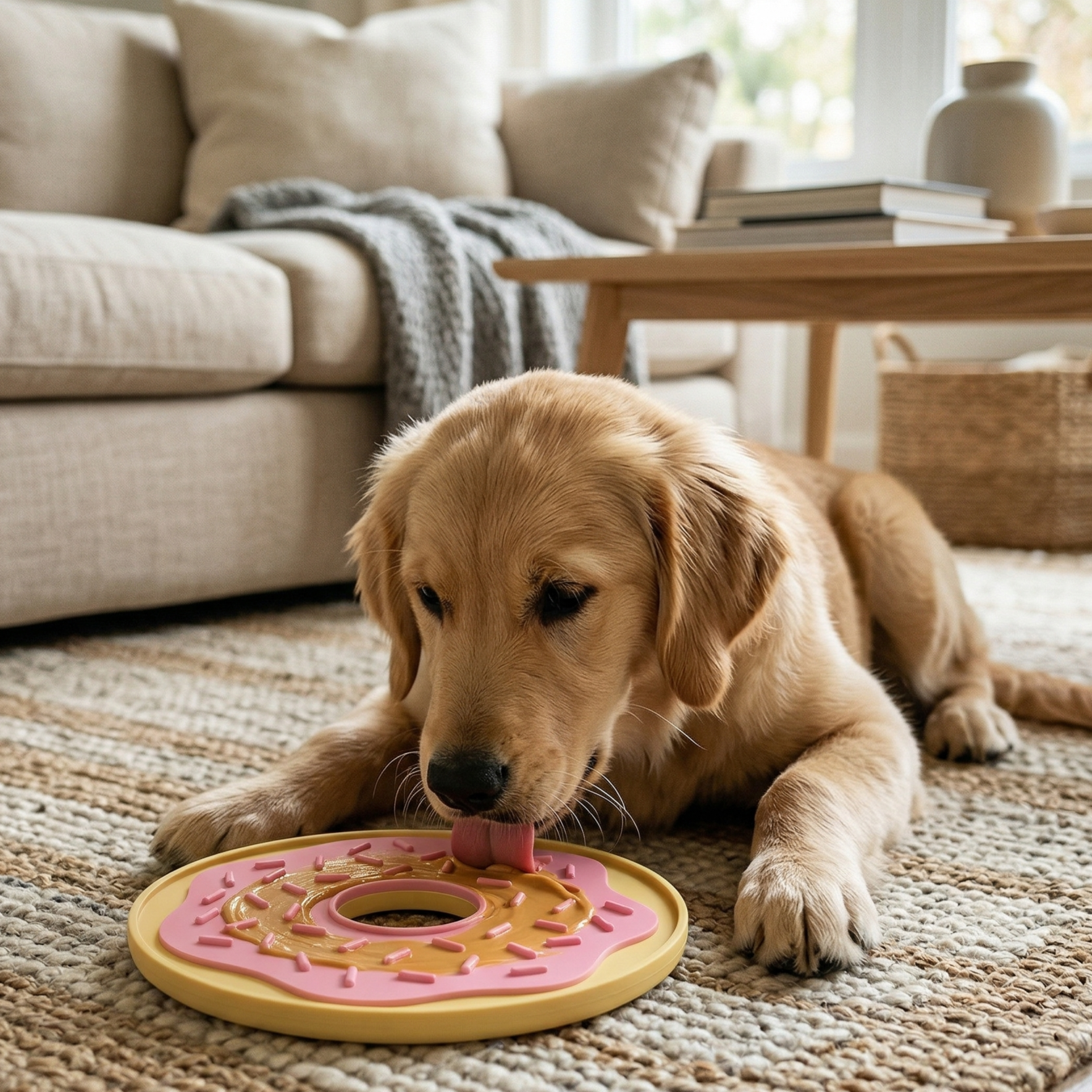 Dog playing with a pink and yellow donut-shaped lick mat on a carpeted floor.