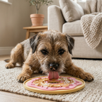 Dog playing with a pink and yellow dog lick mat on a carpeted floor.