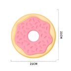 Donut-shaped pet lick mat with pink frosting and gold rim, shown with dimensions on a white background.