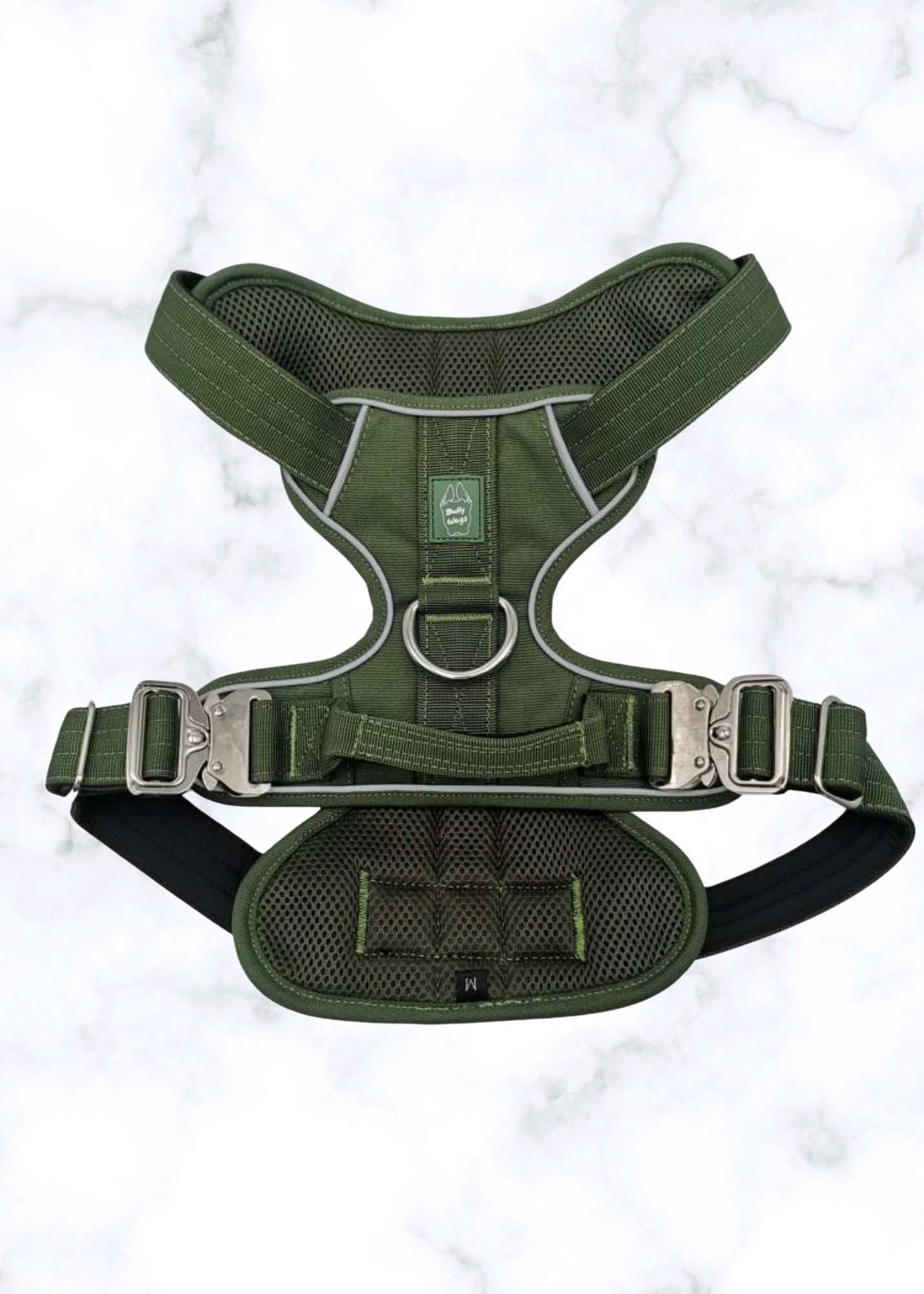 Green dog harness on a white background