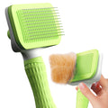 Green pet grooming brush with a hand holding it on a white background