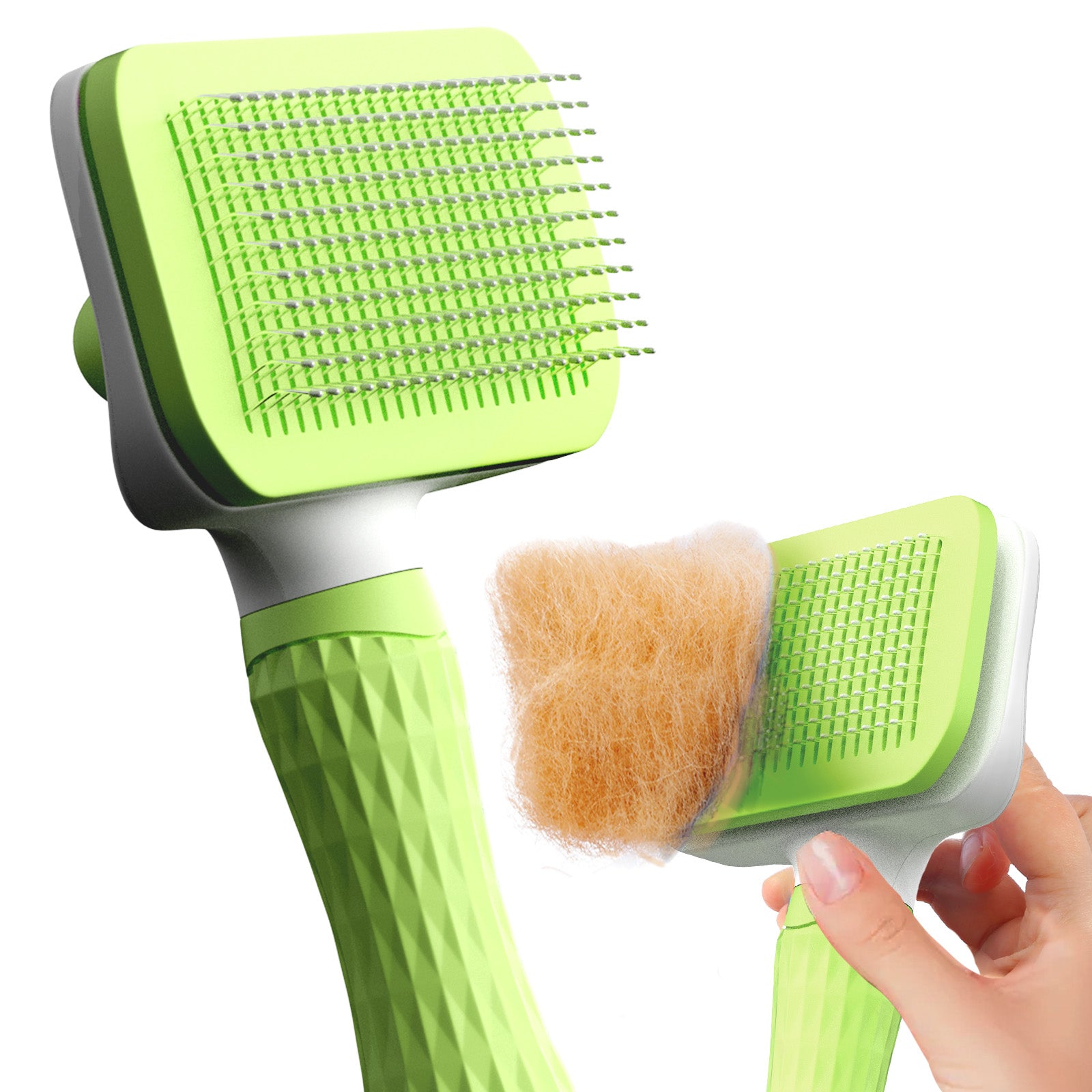 Green pet grooming brush with a hand holding it on a white background