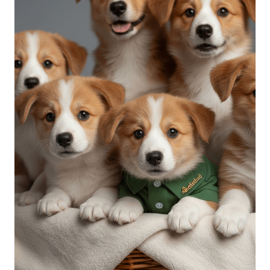 Group of puppies with one wearing a green shirt on a white blanket