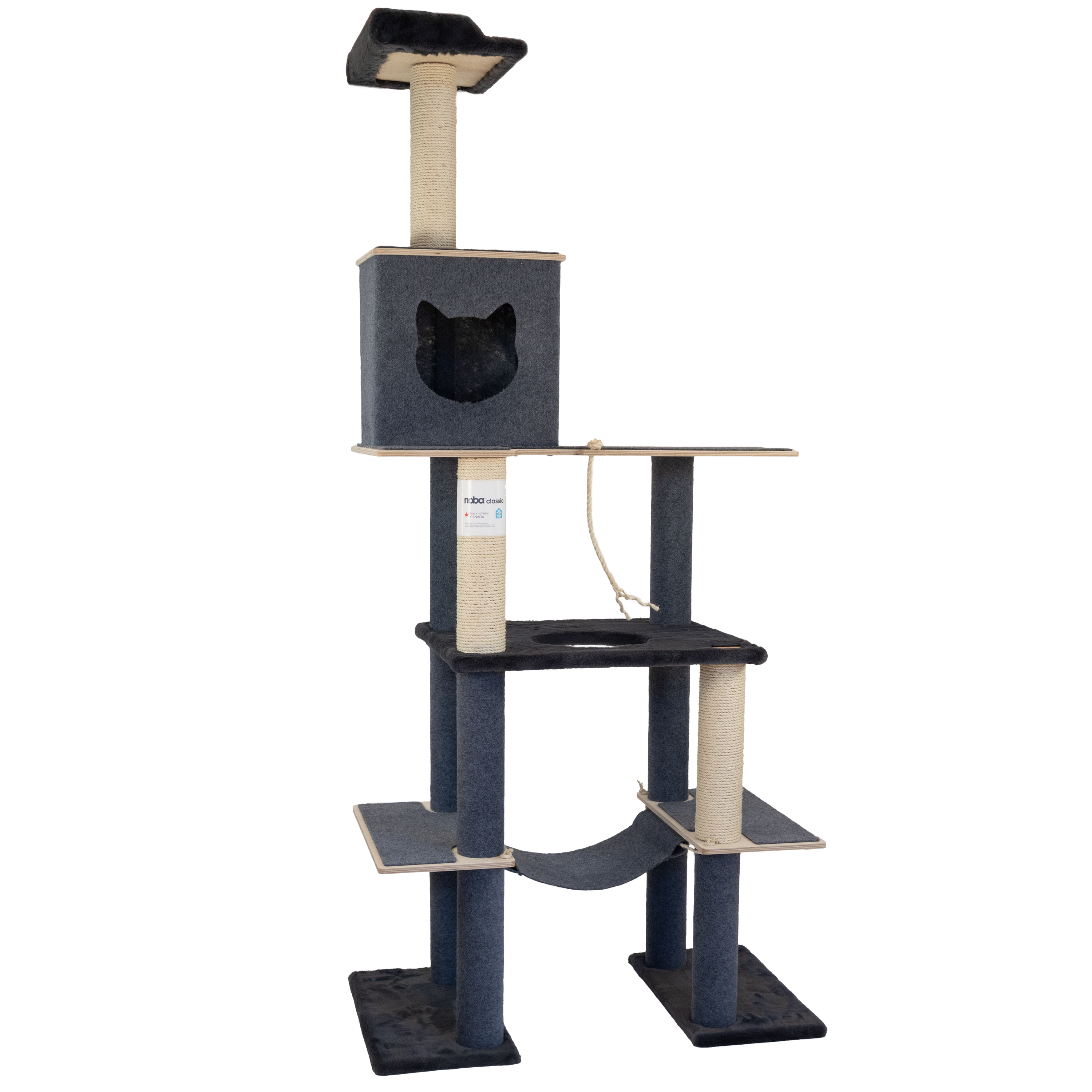 Cat tree with multiple levels and a black cat inside on a white background