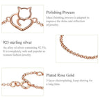 Rose gold bracelet with cat and heart design, featuring text about polishing process, 925 sterling silver, and plating details.