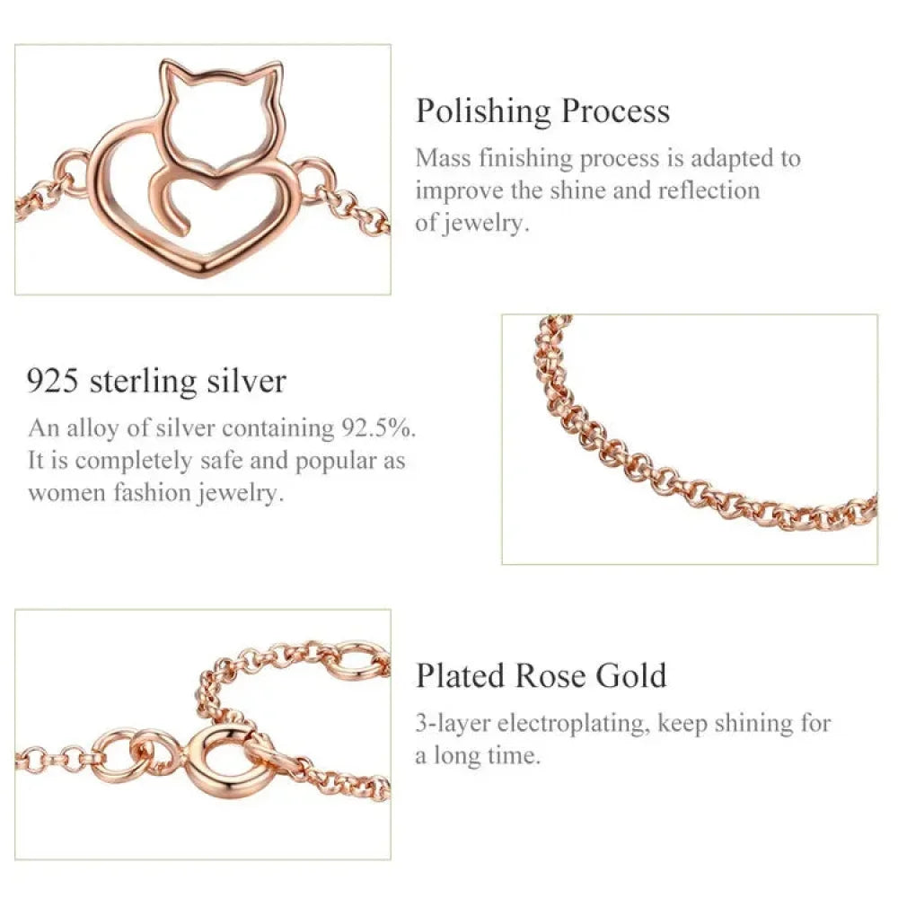 Rose gold bracelet with cat and heart design, featuring text about polishing process, 925 sterling silver, and plating details.