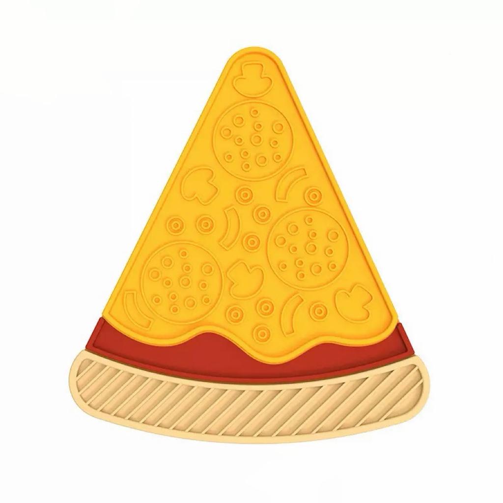 Yellow pizza slice-shaped lick mat with textured surface on a white background