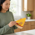 Woman in a kitchen holding a yellow pizza lick mat with a spoonful of peanut butter