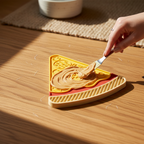 Person using a spatula to spread a substance on a pizza shaped lick mat on a wooden surface.