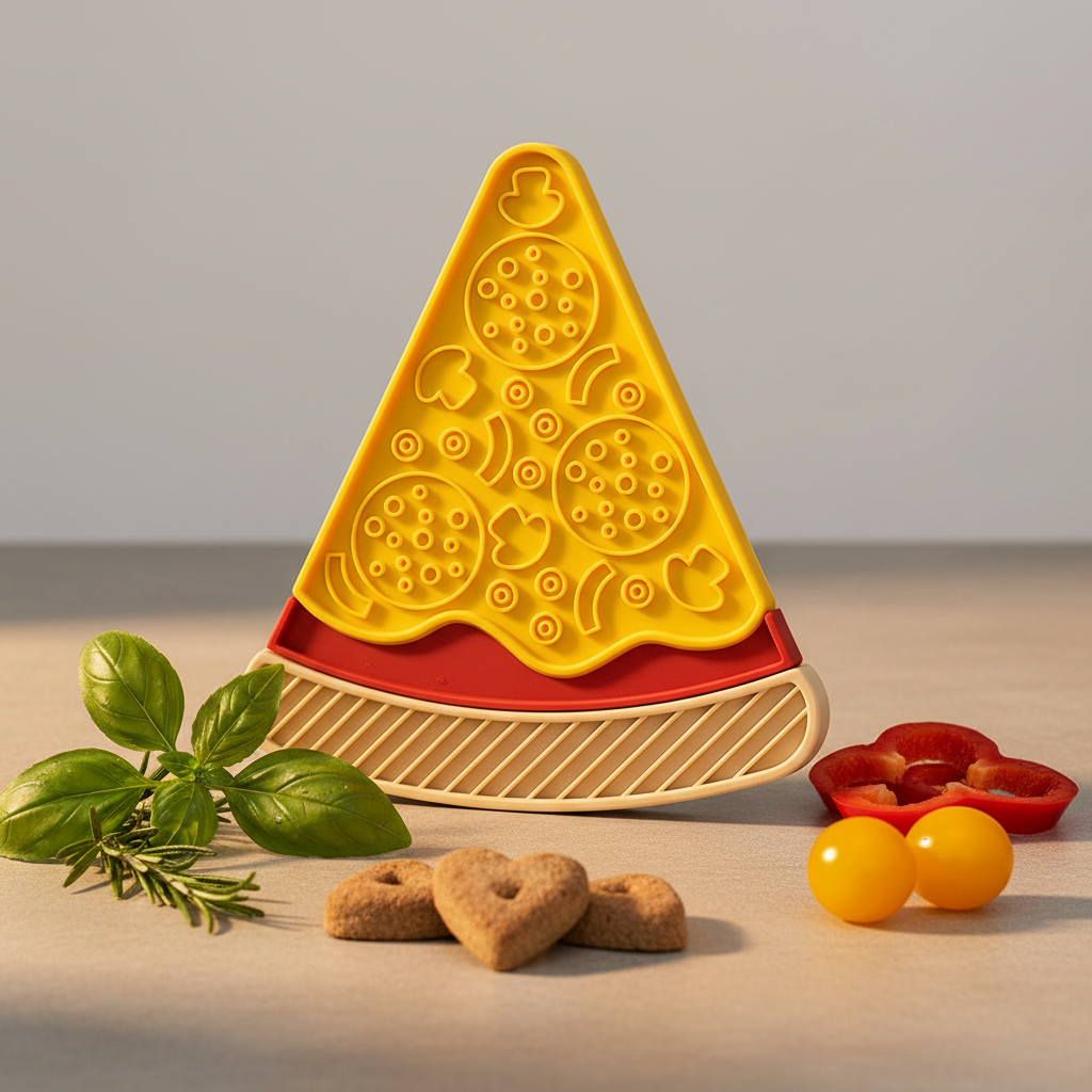 Yellow and red lick mat shaped like a pizza on a wooden surface with ingredients.