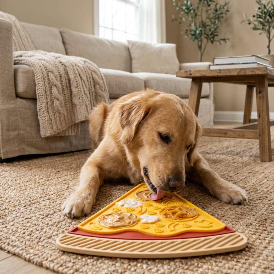Dog playing with a pizza-shaped lick mat on a carpeted floor.