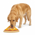 Dog playing with a pizza-shaped lick mat on a white background