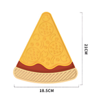 Illustration of a pizza slice lick mat with dimensions on a white background