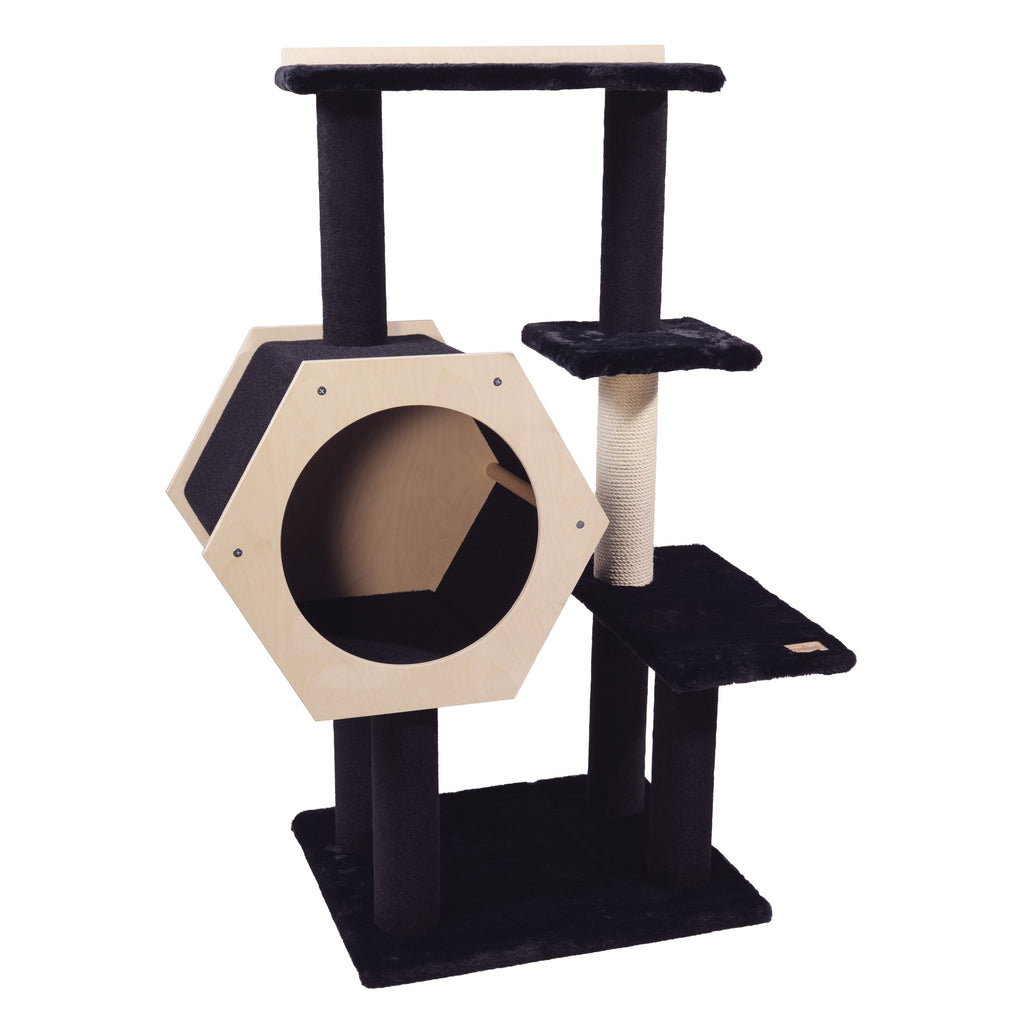 Cat tree with multiple platforms and a hexagonal hideout on a white background