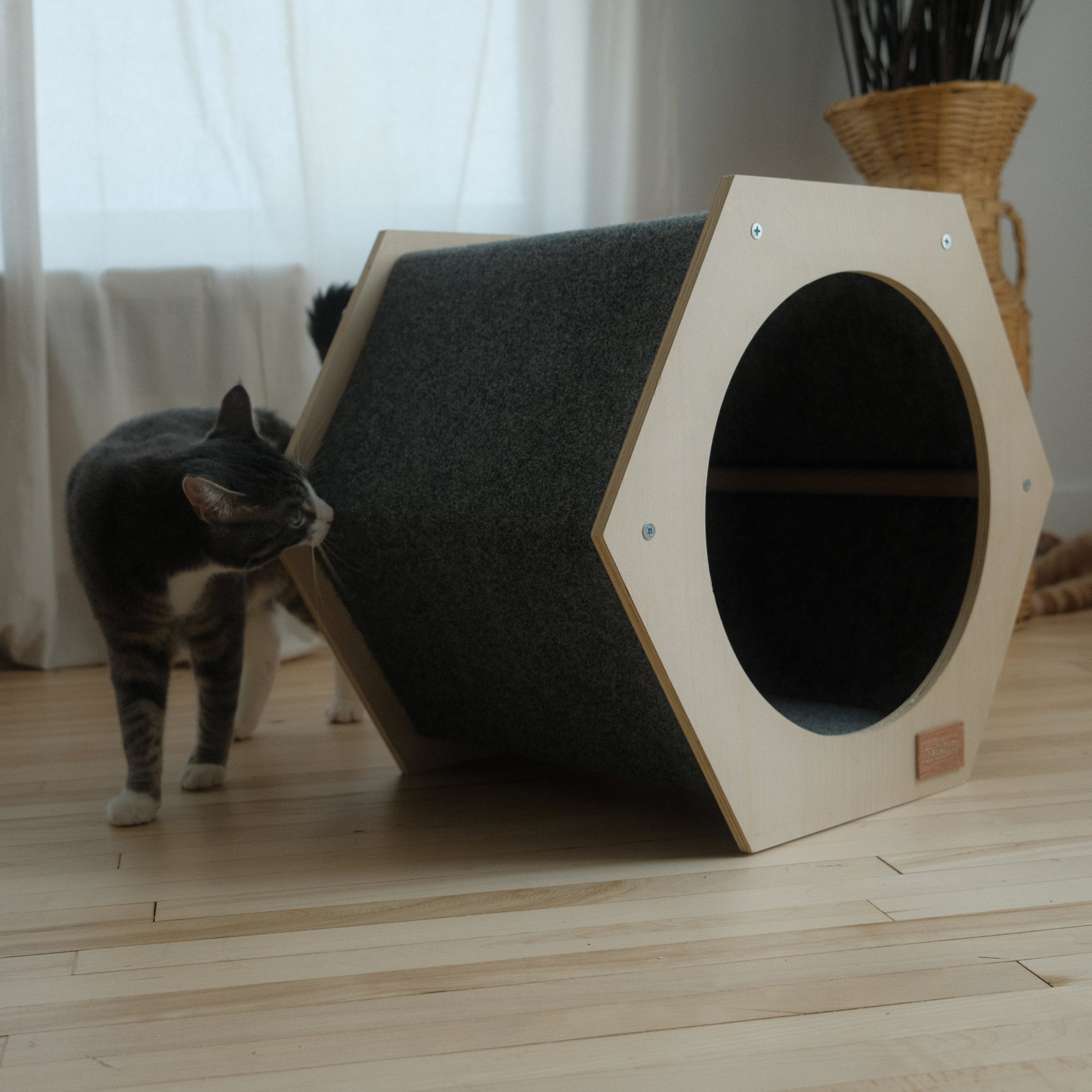 Hexagonal cat house on a wooden floor with a cat interacting with it.