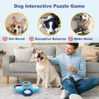 Man playing with a dog using a pet puzzle toy in a living room setting.