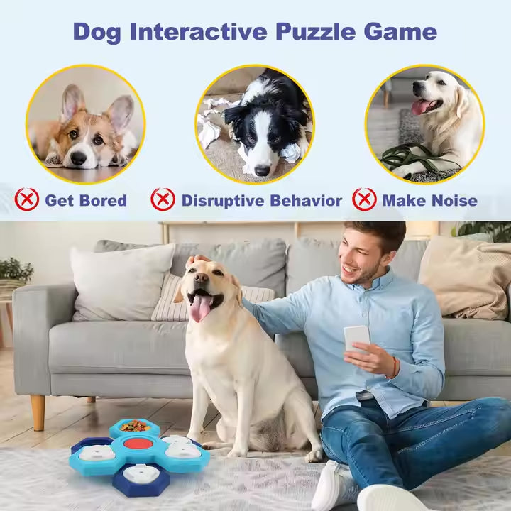 Man playing with a dog using a pet puzzle toy in a living room setting.