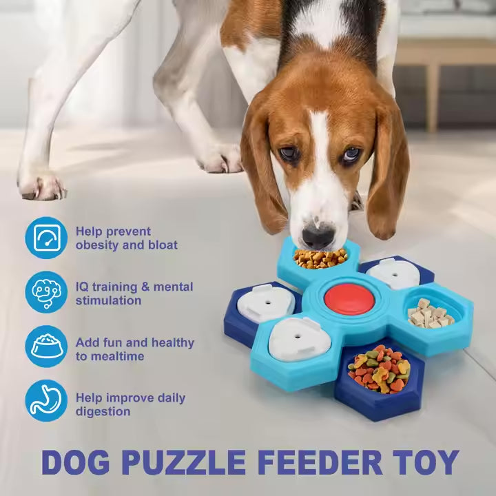 Dog puzzle feeder toy with a dog eating from it, featuring text benefits on a light background.