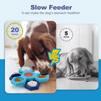 Dog slow feeder product with two dogs eating, one using a feeder and the other not, on a blue background.
