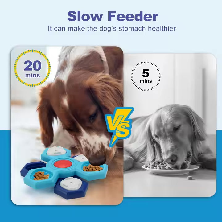 Dog slow feeder product with two dogs eating, one using a feeder and the other not, on a blue background.