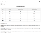 Hoodie size chart with measurements in inches and centimeters