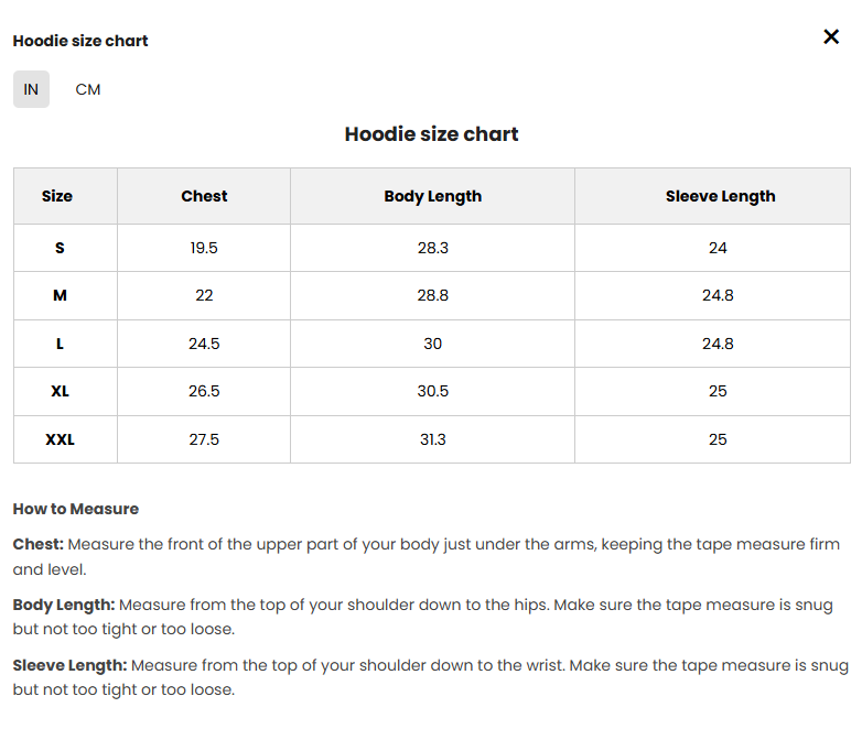 Hoodie size chart with measurements in inches and centimeters