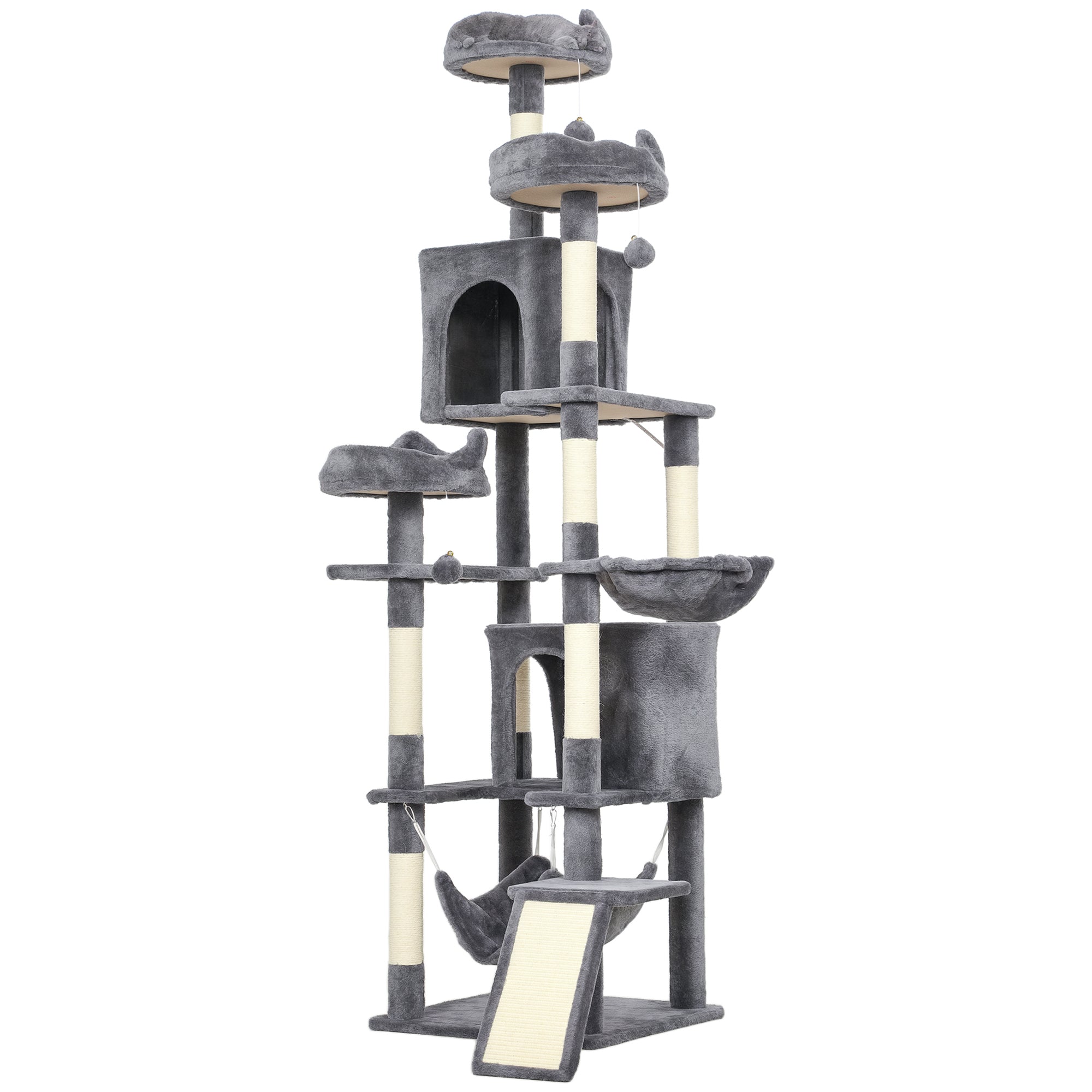 Gray cat tree with multiple levels, platforms, and a slide on a white background