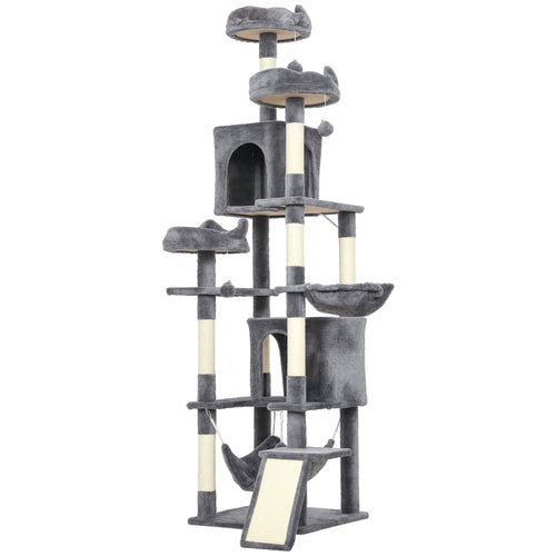 Gray cat tree with multiple levels, platforms, and a slide on a white background