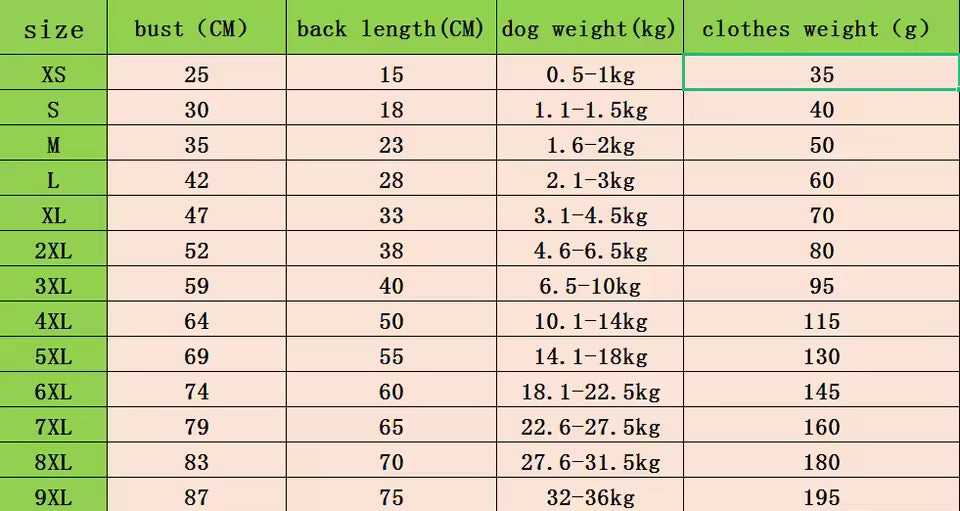 Table showing size chart for clothing with measurements in centimeters and weight ranges.