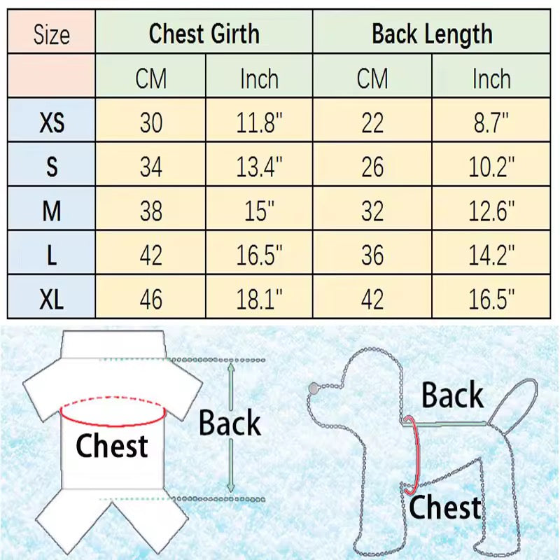 Dog coat size chart with measurements for chest girth and back length.