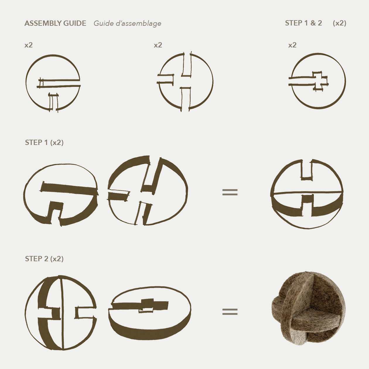 Step-by-step assembly guide for a cat ball design on a white background