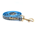 Dog leash with blue handle and gold clasp on a white background